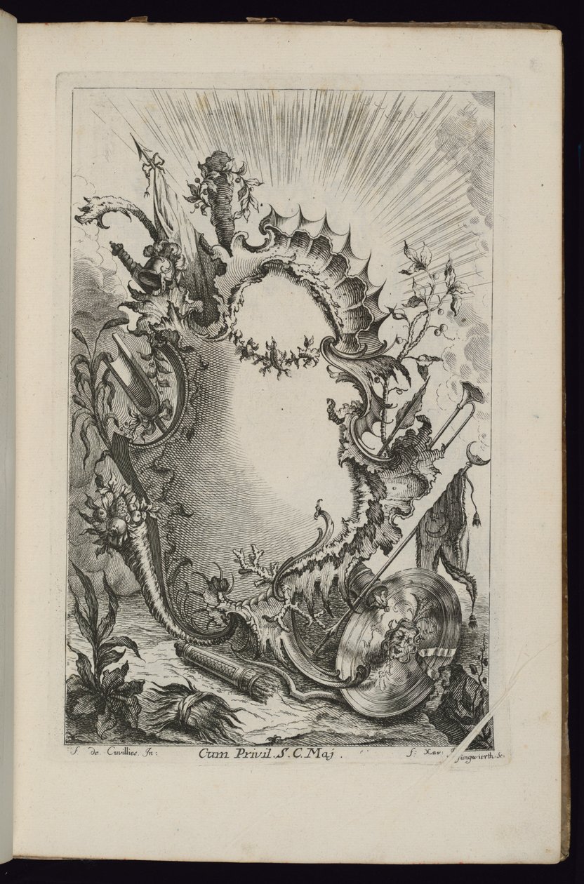 Cartucho con trofeo armorial, Livre de Cartouches à divers usages (Libro de cartuchos para diferentes usos) de François de Cuvilliés the Elder