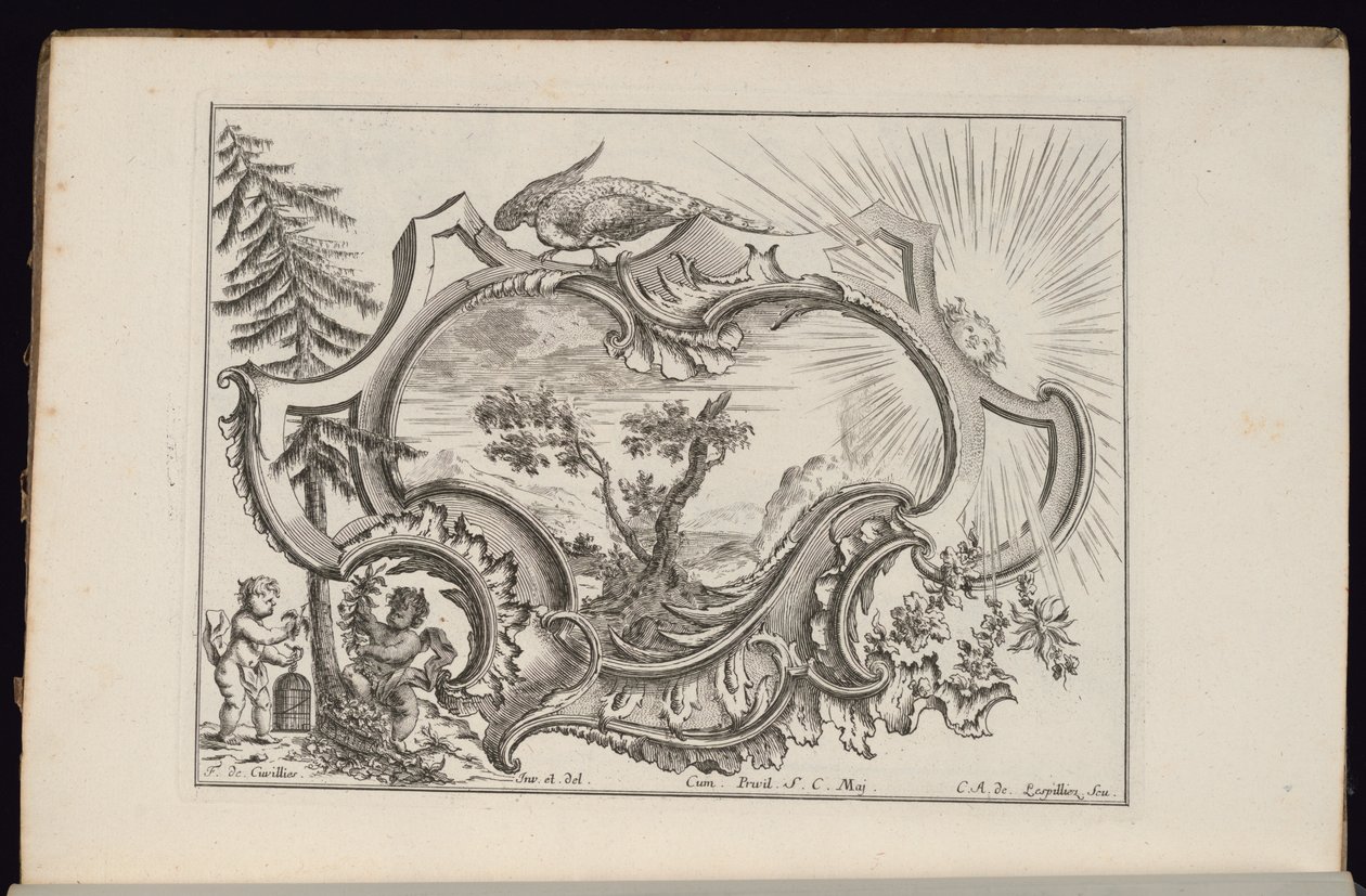 Cartucho con pájaro y sol, Livre de Cartouches Irréguliers (Libro de cartuchos irregulares) de François de Cuvilliés the Elder