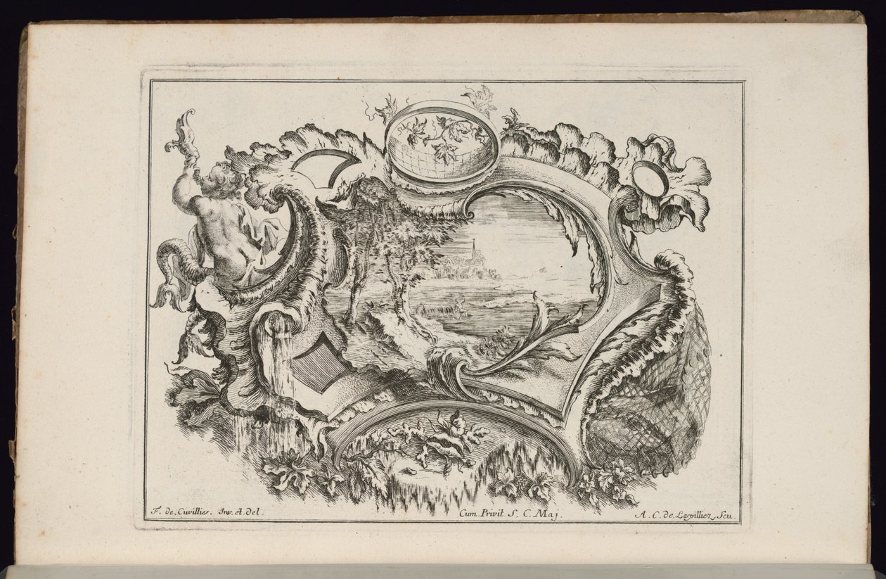 Cartucho con putto soplando una concha, Libro de Cartuchos Irregulares de François de Cuvilliés the Elder