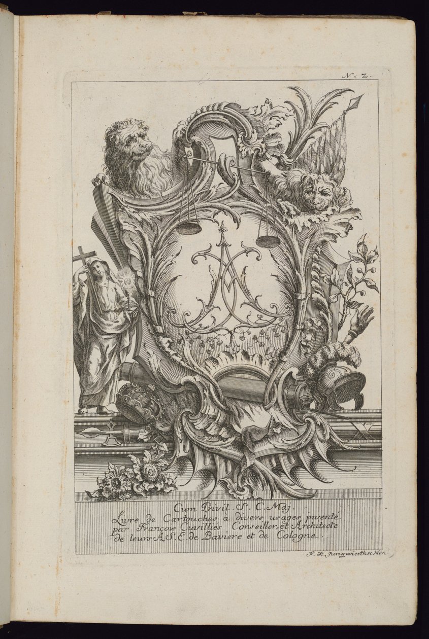 Cartucho con dos leones y un cifrado, Libro de Cartuchos para Diversos Usos de François de Cuvilliés the Elder