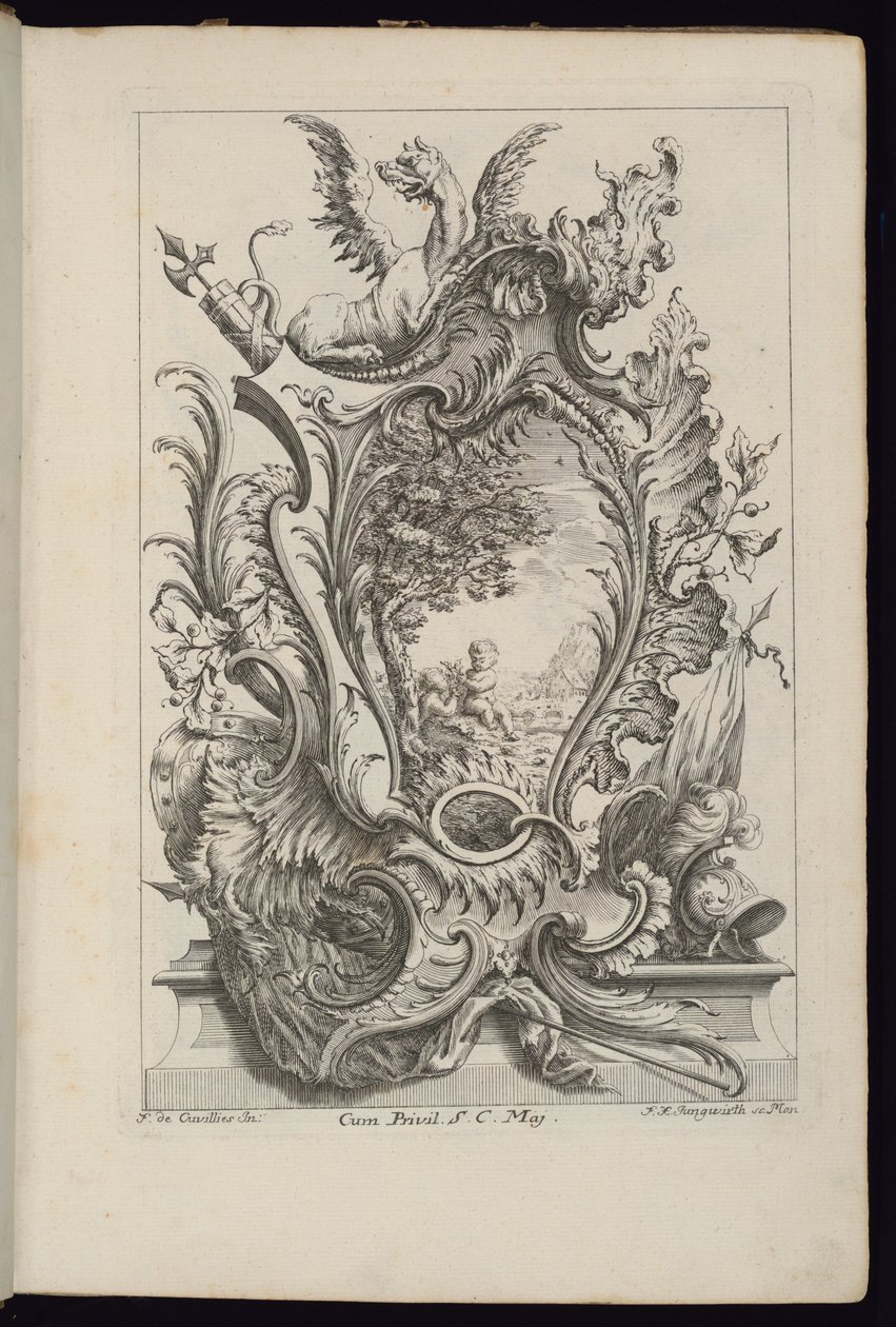 Cartucho con un dragón y trofeo heráldico, Livre de Cartouches à divers usages (Libro de cartuchos para diferentes usos) de François de Cuvilliés the Elder