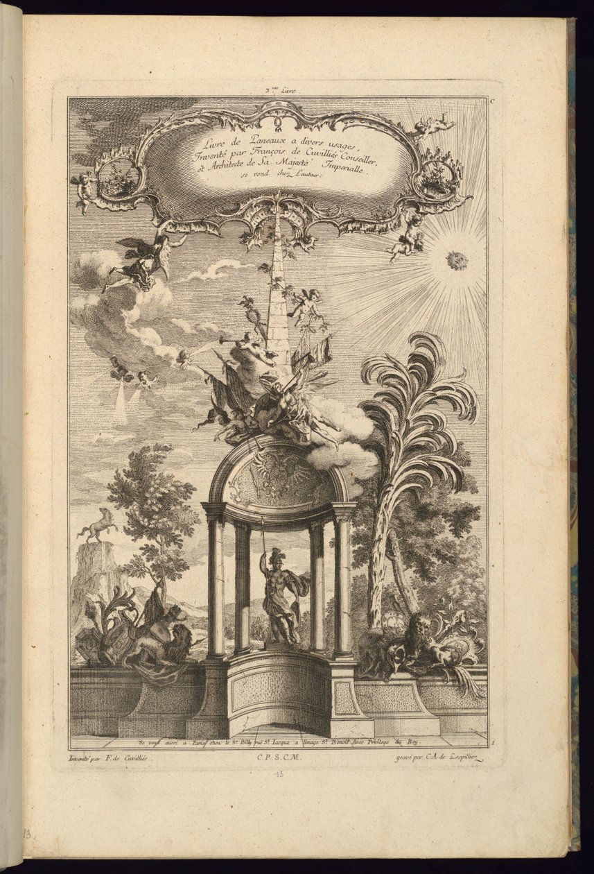 Diseño para paneles con Tempietto con Minerva, coronado por un obelisco y Victoria de François de Cuvilliés the Elder
