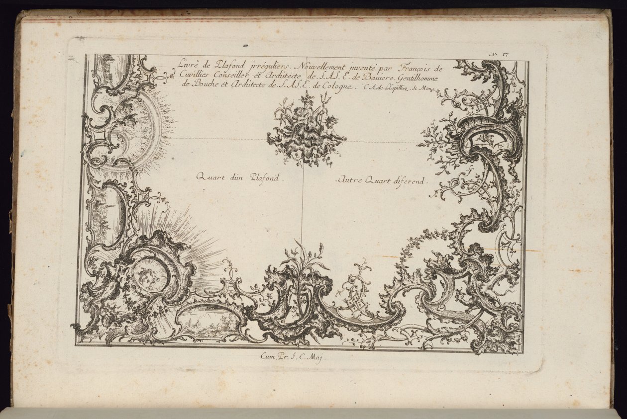 Dos cuartos de un techo, Nouveau Livre de Plafonds Irréguliers (Nuevo libro de techos irregulares) de François de Cuvilliés the Elder