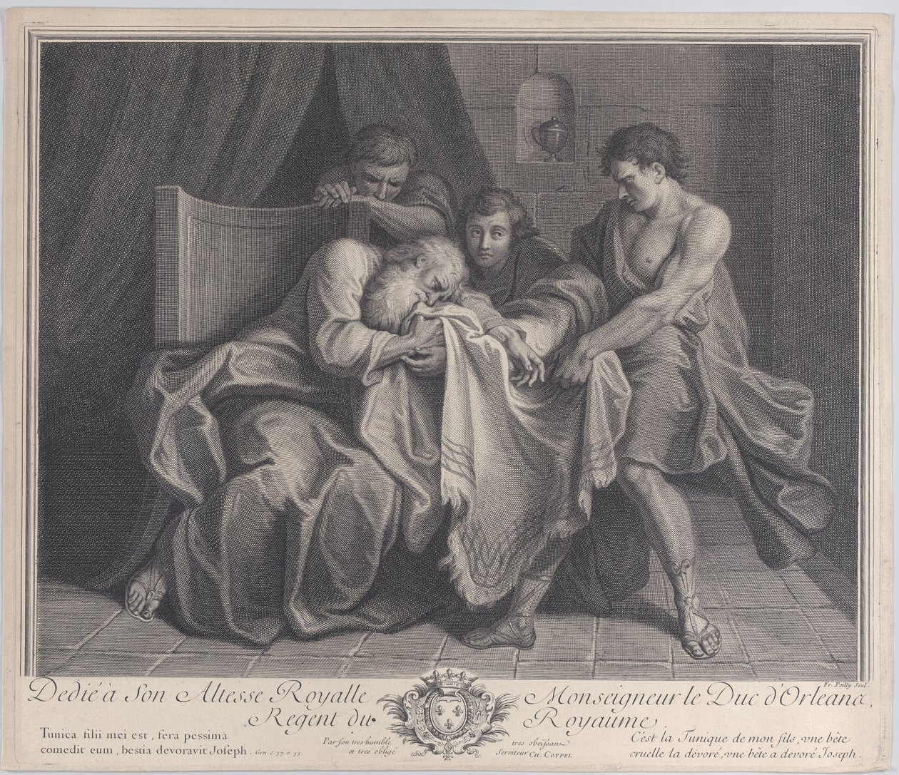 Jacob llorando sobre la túnica de su hijo mientras sus otros hijos la alejan de él de François de Poilly