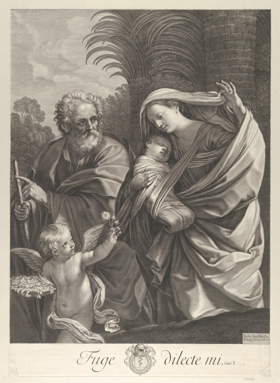 La huida a Egipto, la Sagrada Familia caminando junta, San José señalando, ca. 1648-81 de François de Poilly
