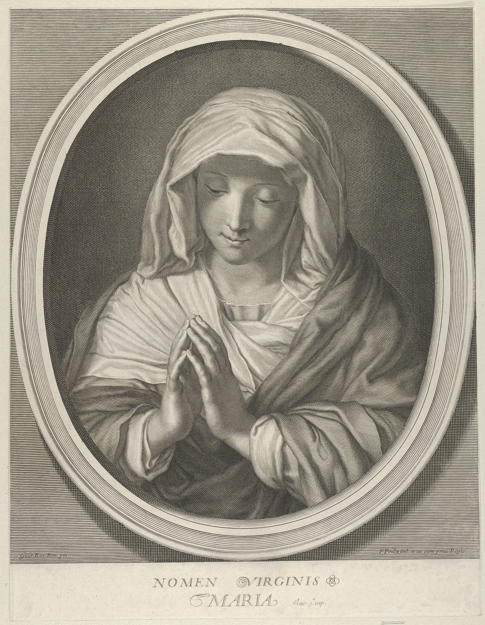 La Virgen en oración mirando hacia abajo, en un marco ovalado, después de Reni de François de Poilly