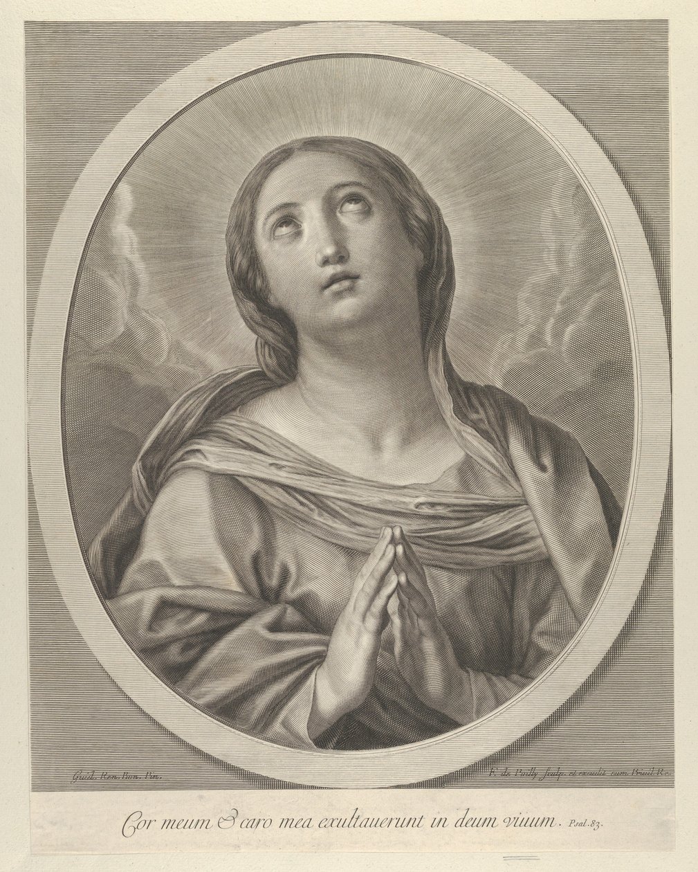 La Virgen en oración, mirando hacia arriba con nubes detrás de ella, en un marco ovalado, después de Reni de François de Poilly