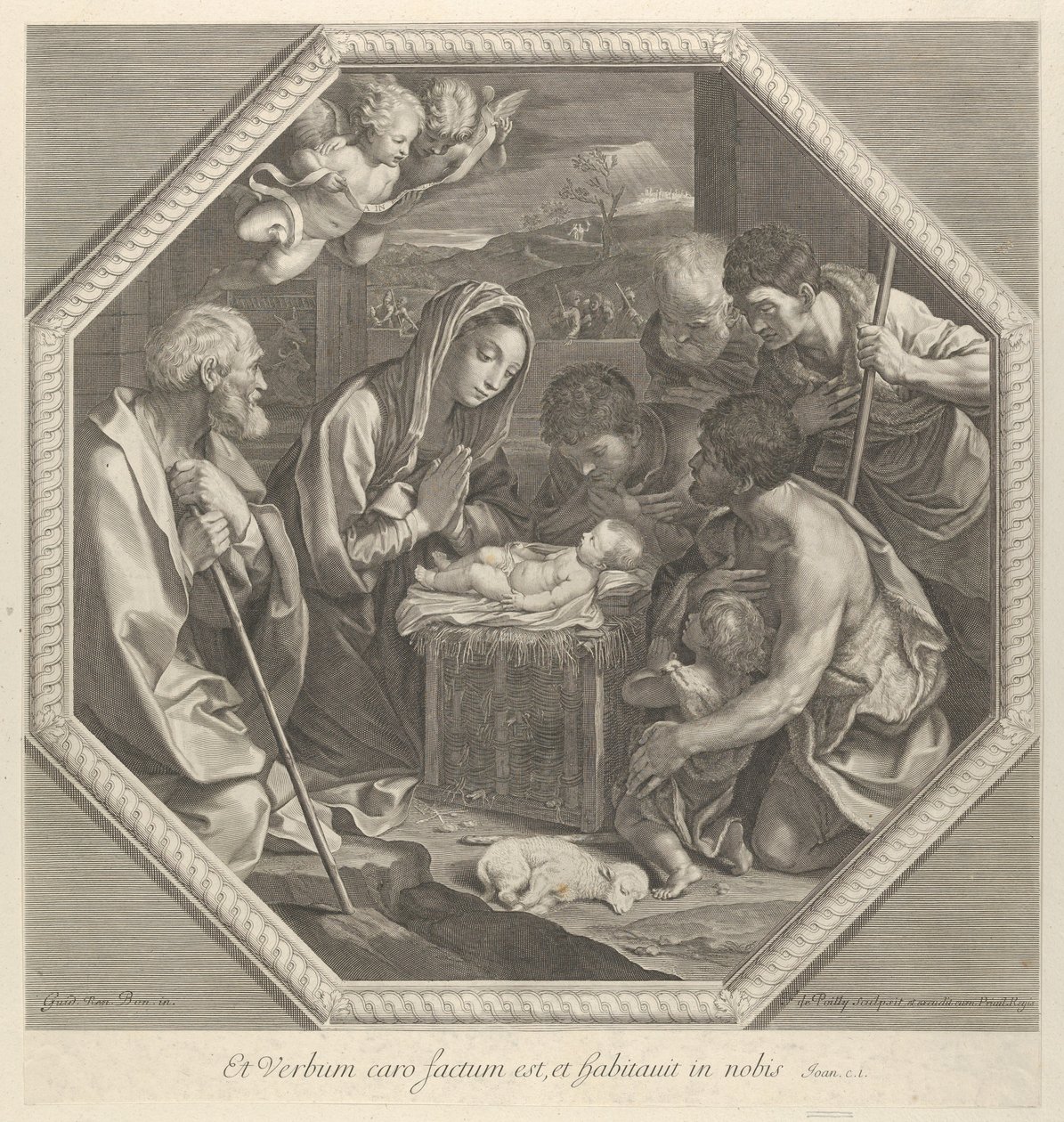 La adoración de los pastores que se arrodillan juntos a la derecha ante el niño Cristo..., ca. 1655-93 de François de Poilly