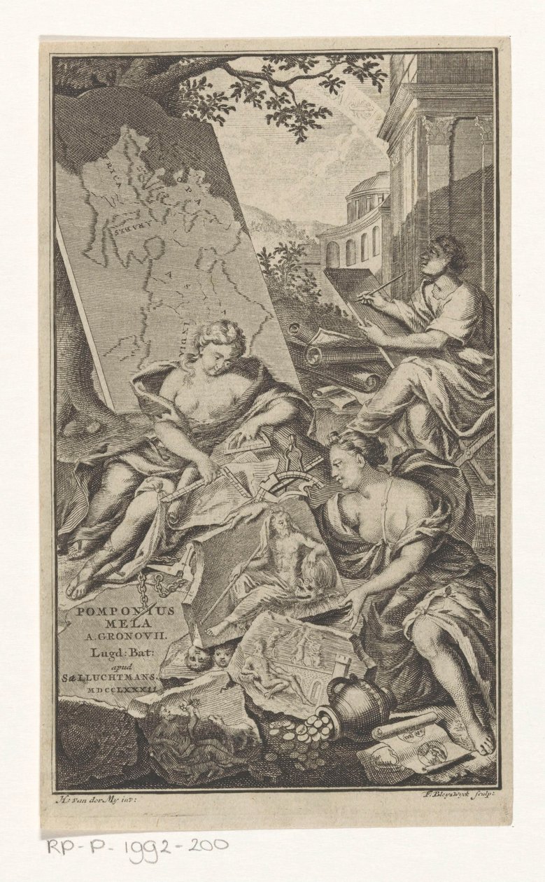 Alegoría op de meetkunde Titelpage voor: Pomponius Mela en Abraham Gronovius, Pomponii Melae de situ orbis libri III, 1782 de François van Bleyswijck