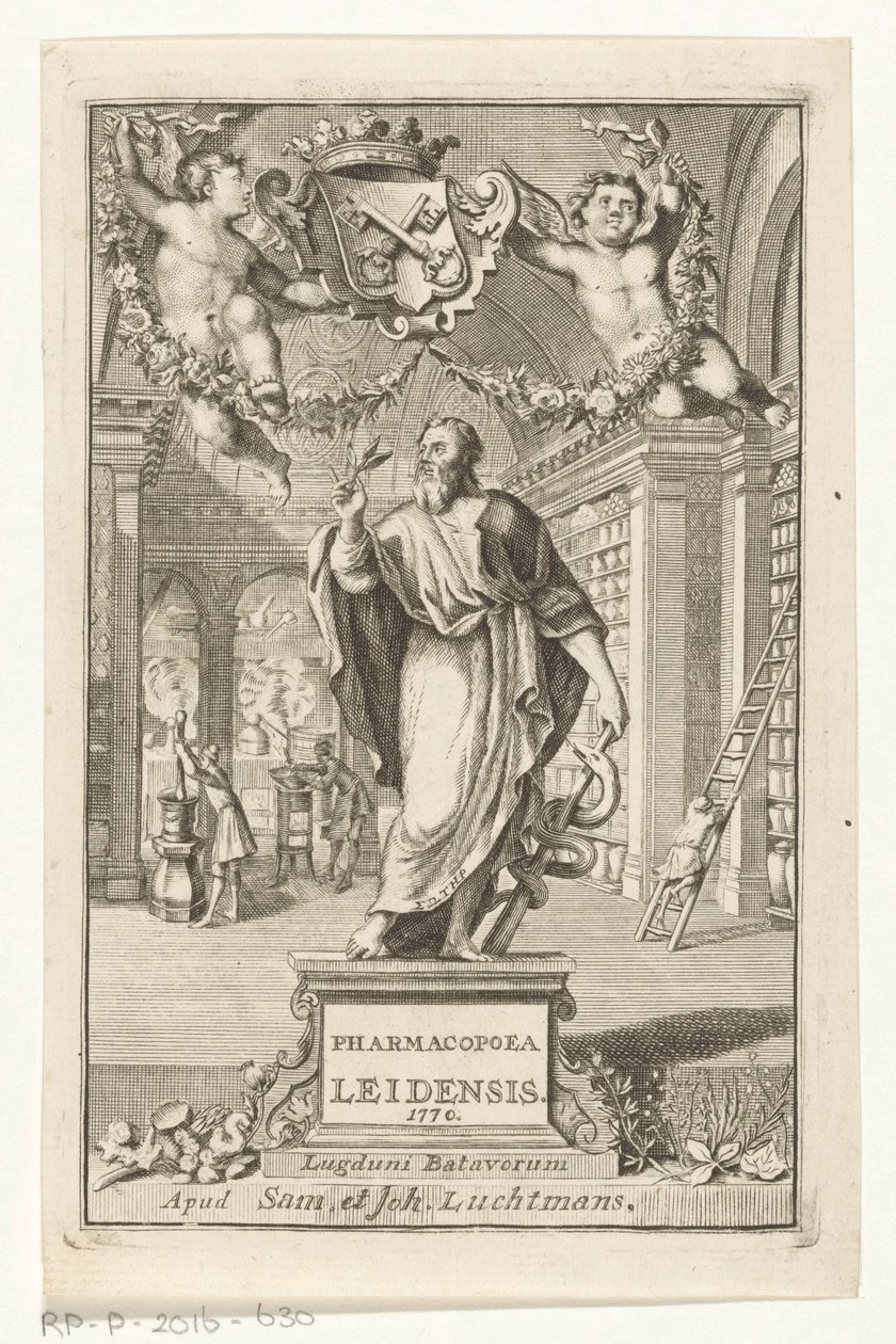 Asclepio Titelpagina voor: S.n., Pharmacopoeia Leiden, establecida por la autoridad de los magistrados más importantes, 1770 de François van Bleyswijck
