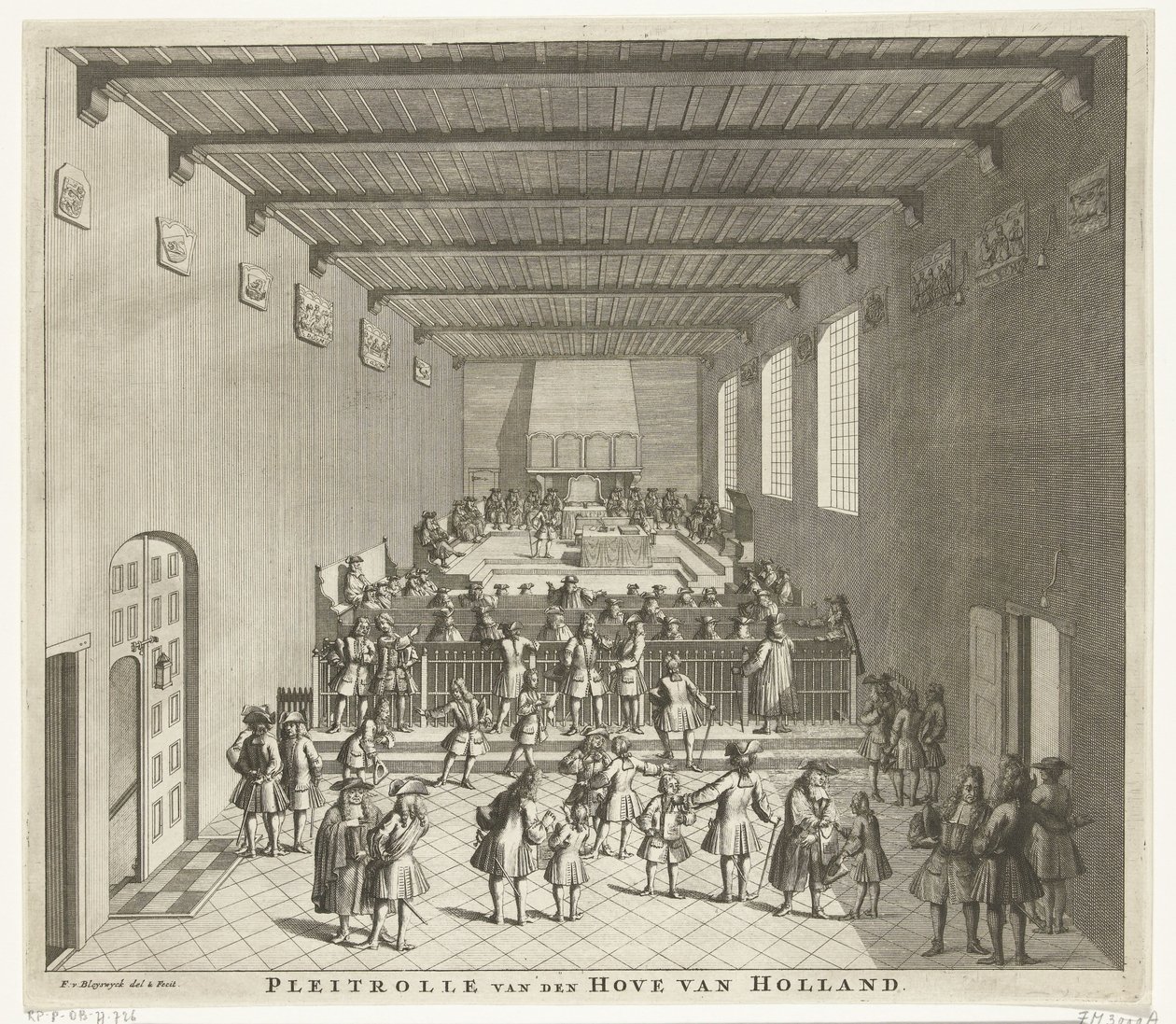 Corte de Holanda en sesión, hacia 1700 Pleitrolle van den Hove de Holanda (título sobre objeto) de François van Bleyswijck