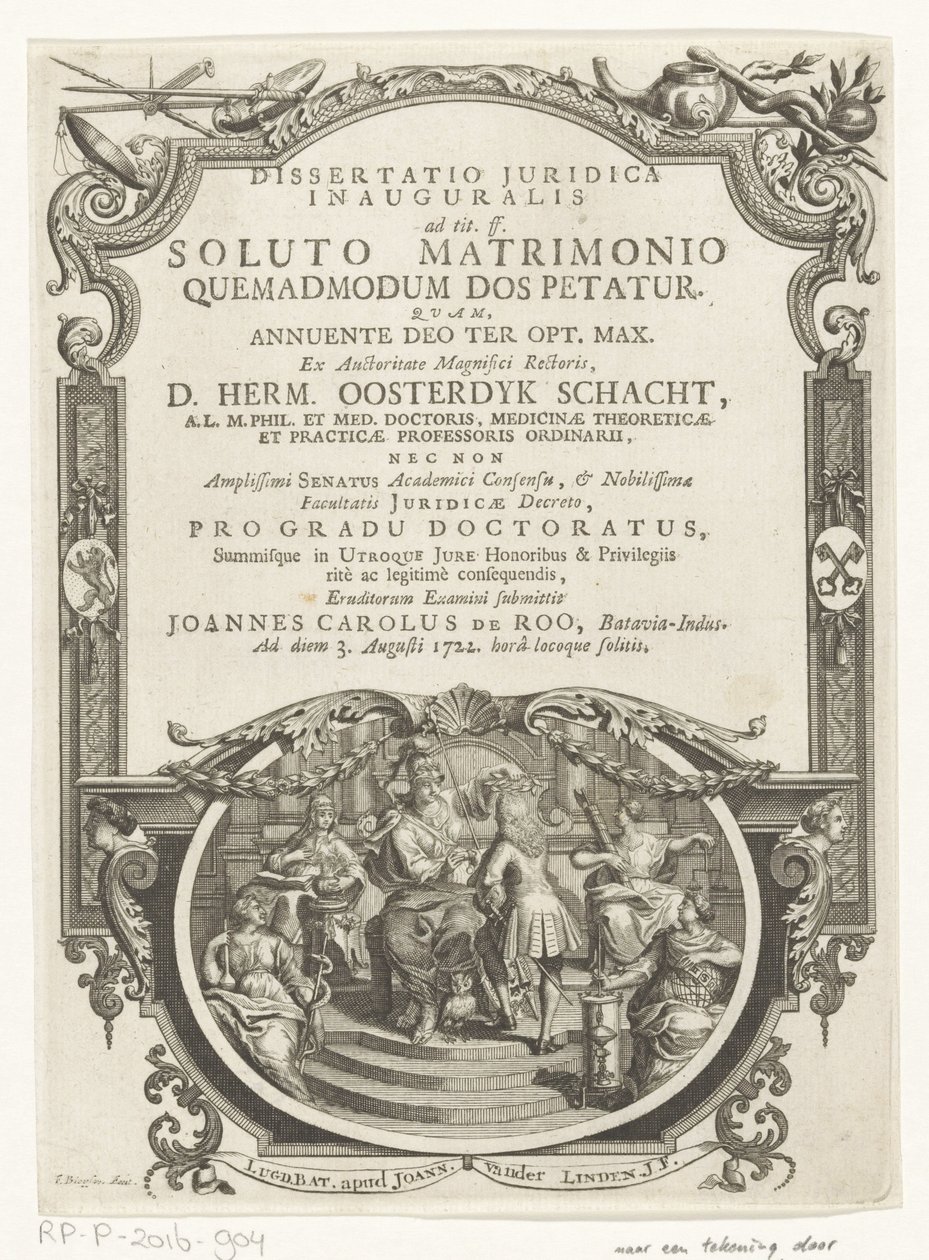 Minerva lauwert schrijver Titelpagina voor: Johannes Carolus de Roo, Dissertatio juridica inauguralis, ad tit. sig. después de un matrimonio disuelto, cómo se pide la dote, 1722 de François van Bleyswijck