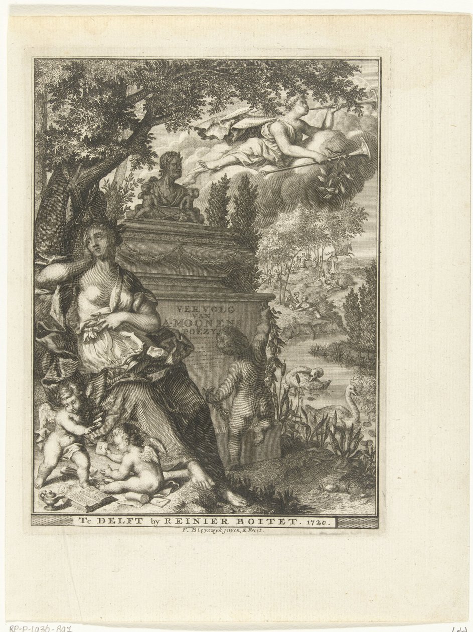 Muse y putti se sientan en la tumba del poeta Arnold Moonen Página de título para: Arnold Moonen, Continued der poëzye, Delft 1720 Continuación de A. Moonens Poezy (título sobre objeto) de François van Bleyswijck