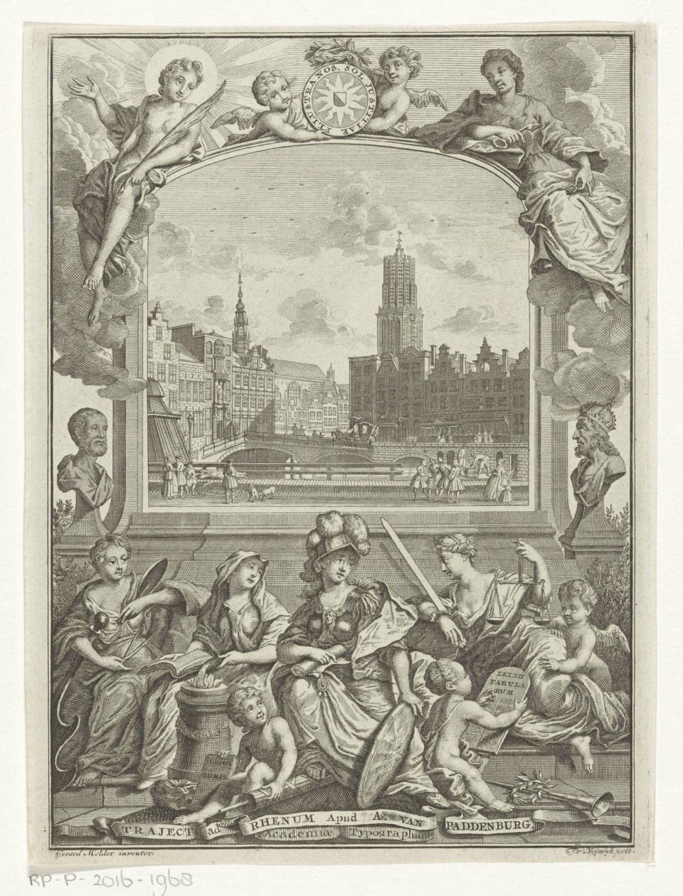 Cityscape con Dom Church en Utrecht y alegoría con Minerva y virtudes de François van Bleyswijck