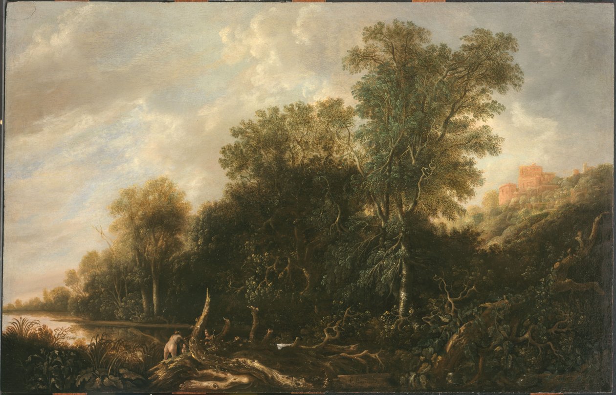 Paisaje boscoso con mujeres bañándose de François van Knibbergen