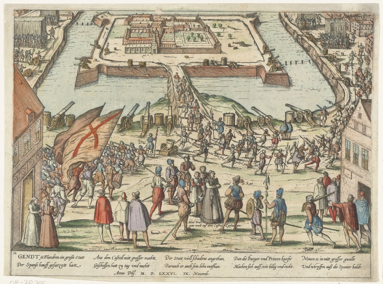 Retirada de los españoles de la ciudadela de Gante tras un asedio por el ejército de los Estados el 9 de noviembre de 1576, al frente Mondragón y su esposa de Frans Hogenberg