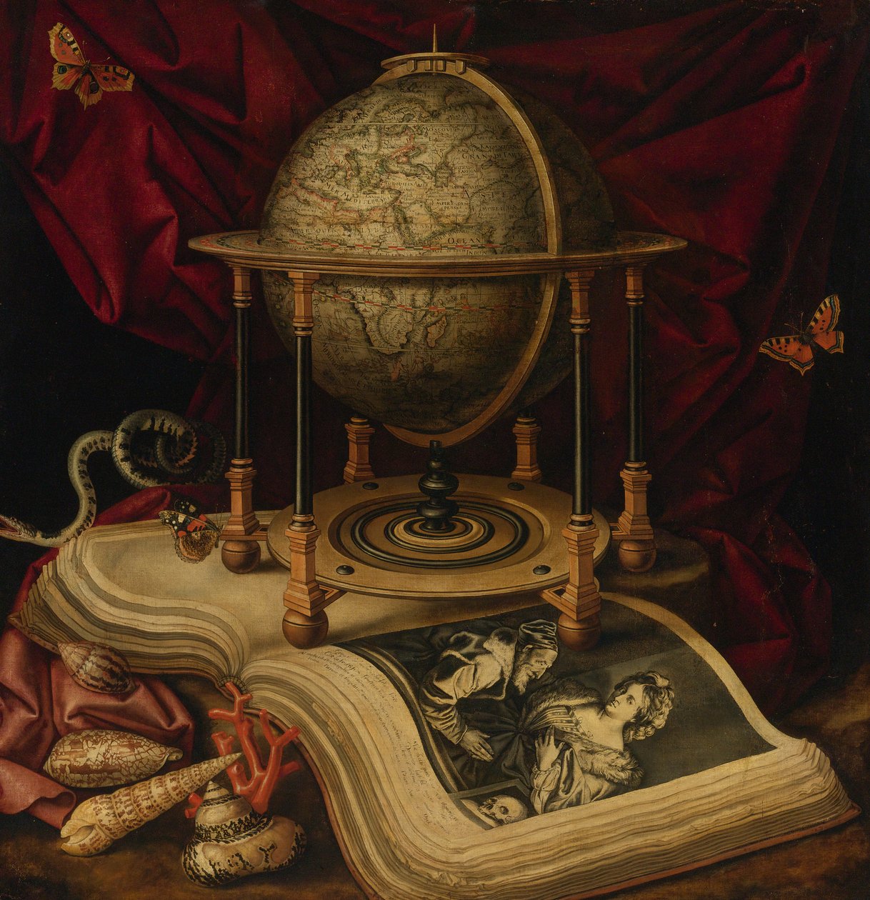 Vanitas Bodegón con globo celeste, un libro, conchas, una serpiente y mariposas de Frans Luycx