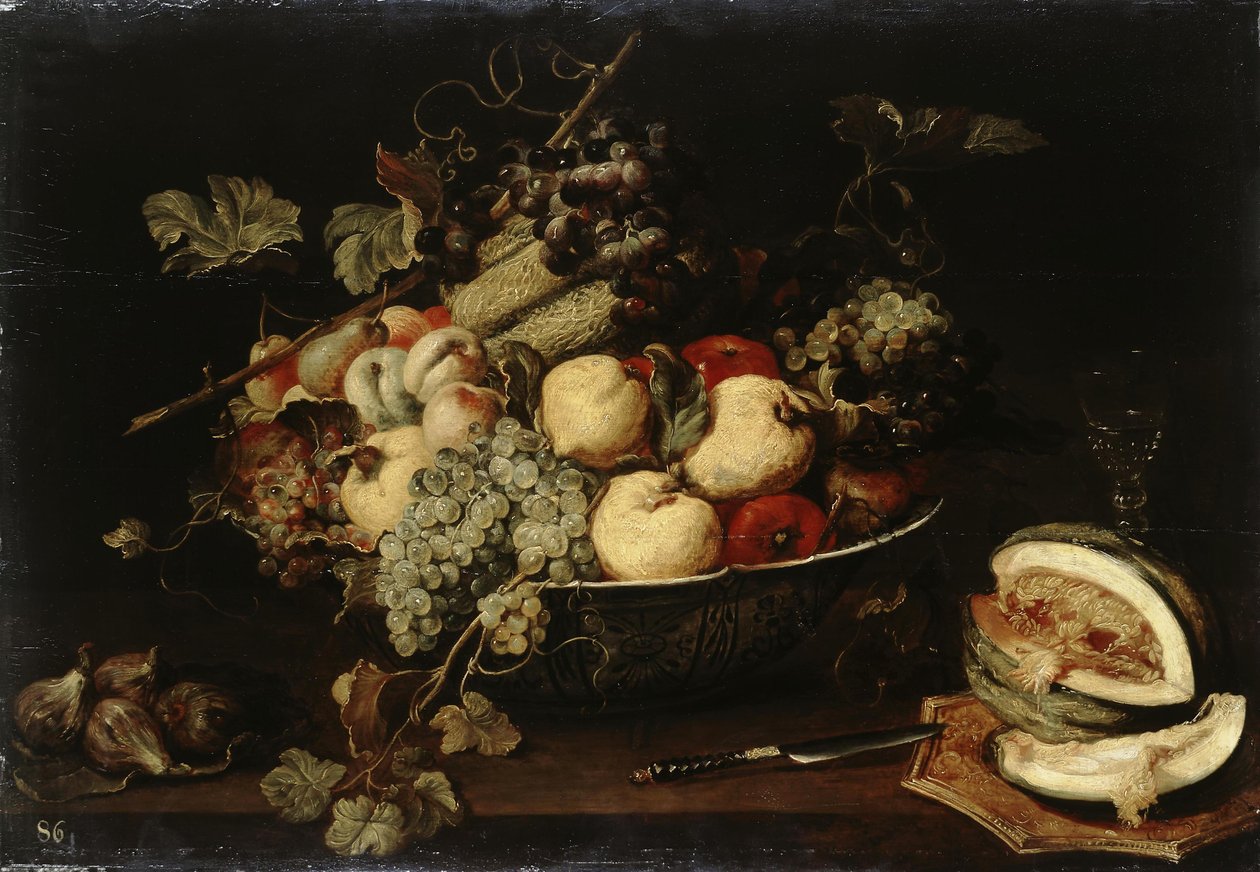 Fruta en un cuenco y un melón cortado de Frans Snyders or Snijders