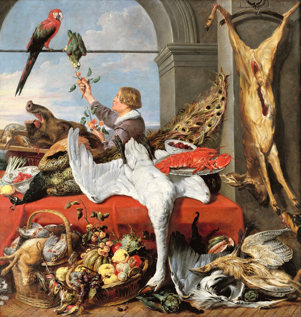Interior de una oficina, o bodegón con caza, aves y frutas de Frans Snyders or Snijders