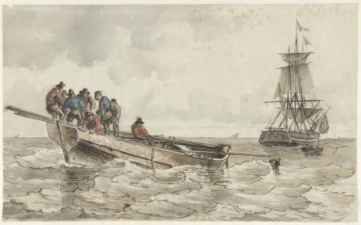 Ocho hombres en un bote de remos cerca de un barco de vela de Frans Arnold Breuhaus de Groot