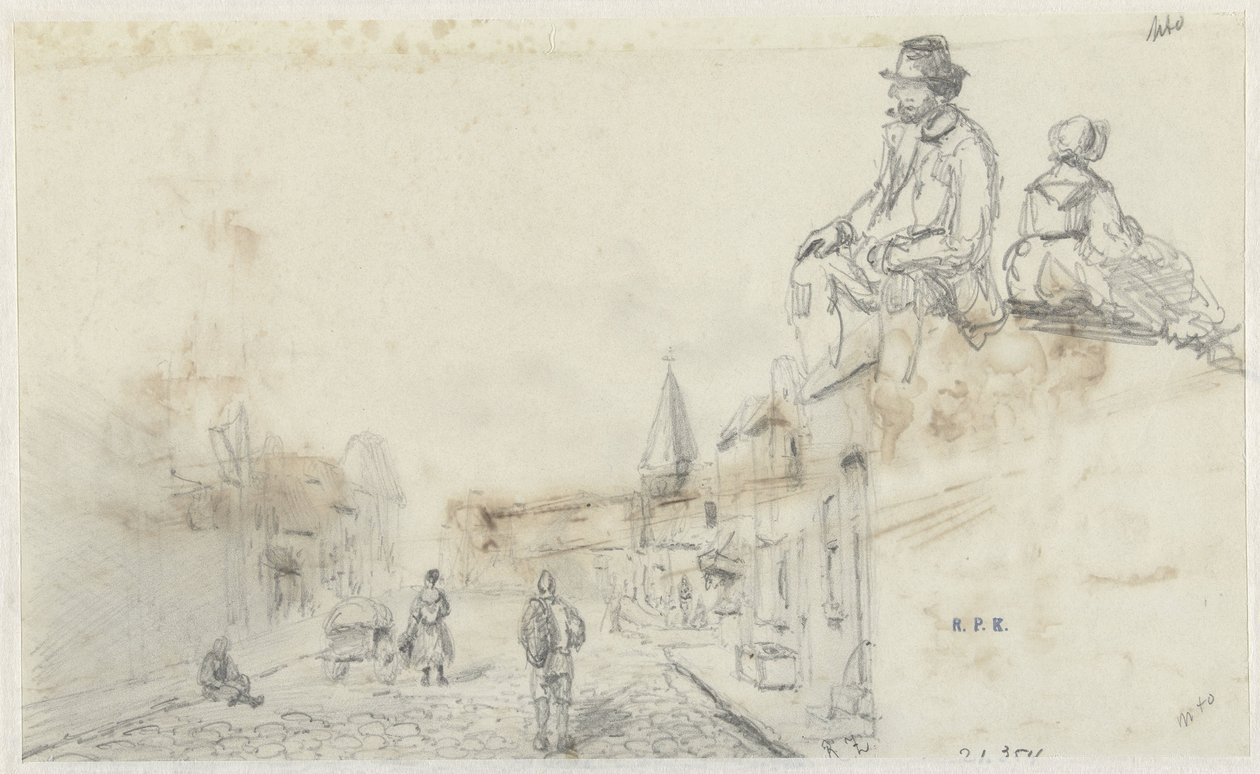 Bocetos de una calle y dos personas sentadas de Frans Arnold Breuhaus de Groot