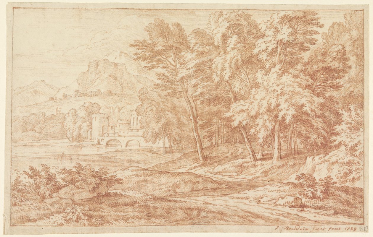 Paisaje con río y puente con torre redonda de Frans Boudewijns