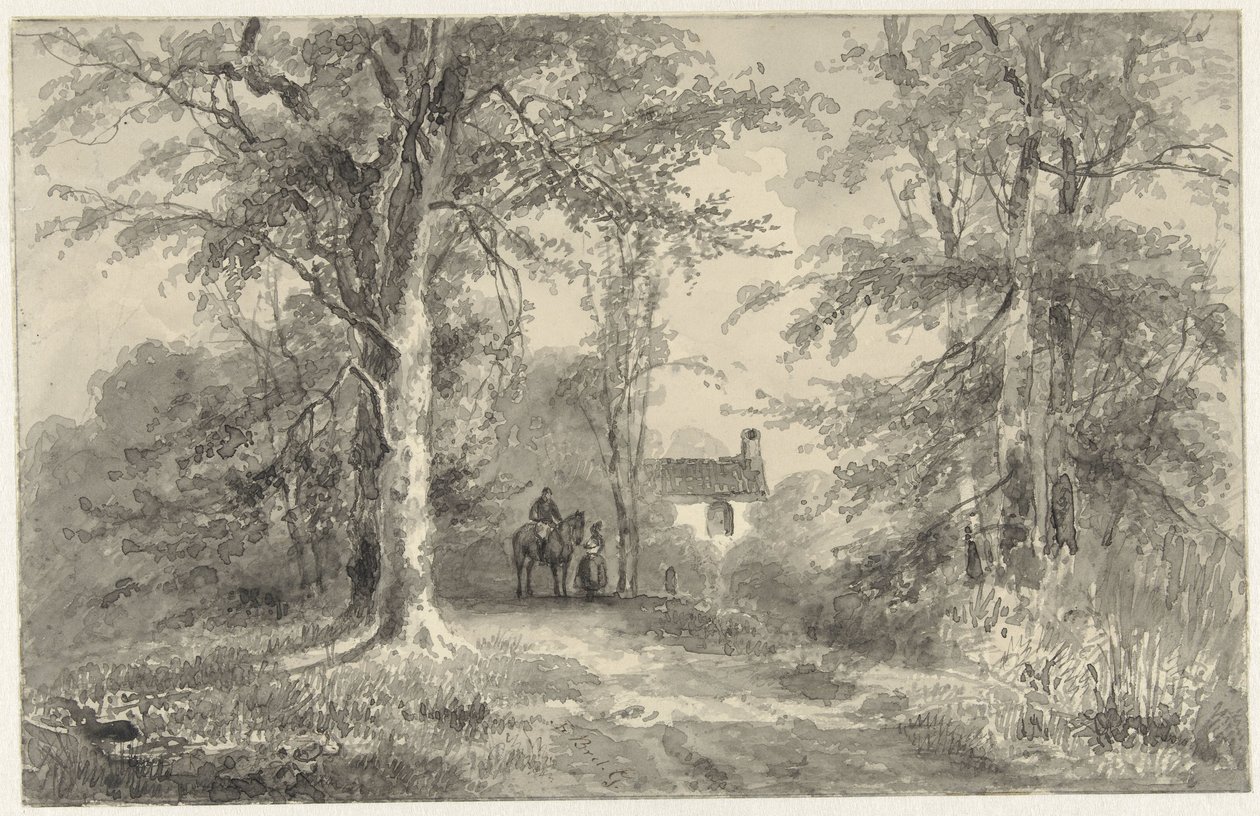 Avenida entre árboles con jinete y mujer de Frans Breuhaus de Groot