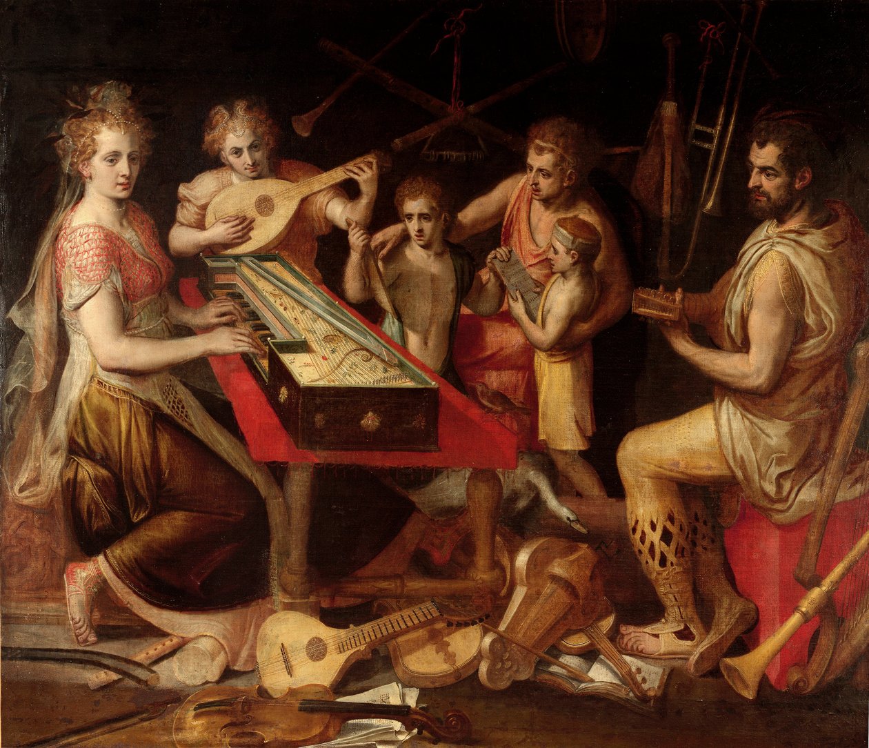 Personajes musicales vetus con el antiguo entorno de instrumentos musicales formando una alegoría. de Frans Floris