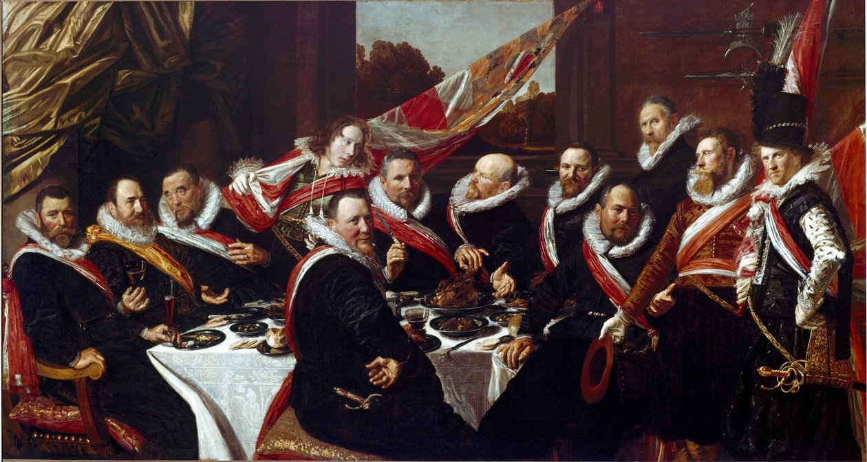 El banquete de los oficiales del Cuerpo de Arqueros de San Jorge de Haarlem. Pintura de Frans Hals (ca. 1580-1666) 1616. Dim. 170 x120 cm. Haarlem, Museo Frans Hals, Holanda de Frans Hals
