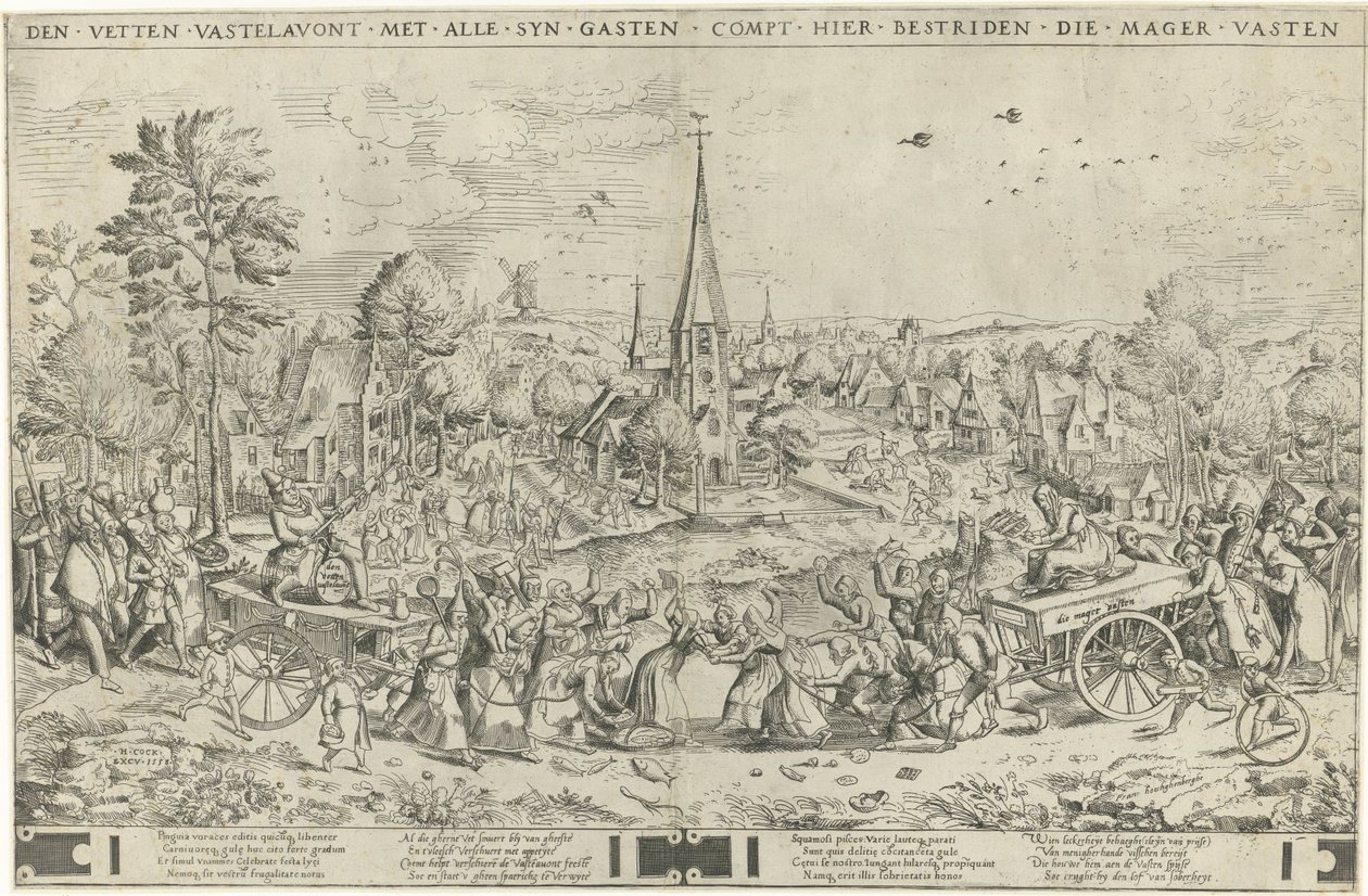 La batalla entre el carnaval y el ayuno Den fat Vastelavon con todos los invitados syn compt hier bestriden die meager Vasten (título sobre el objeto) de Frans Hogenberg