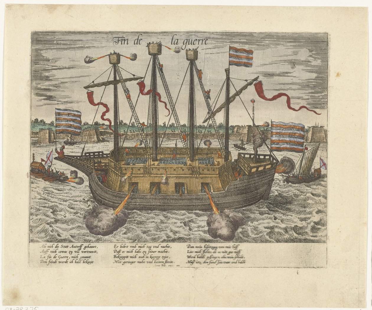El barco Fin de la guerre, 1585 Fin de la guerre (título sobre objeto) Serie 9: Eventos holandeses y alemanes, 1583-1587 (título de la serie) de Frans Hogenberg