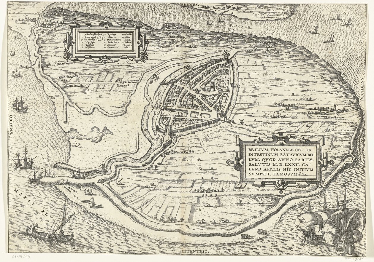 Kaart van het eiland Voorne en plattegrond van Brielle, 1572 Brillium, Holanda opp. a causa de la guerra holandesa interna, que en el año de la victoria de la Salvación 72 d.C. en el calor de abril, comenzó aquí, famoso (título sobre objeto) de Frans Hogenberg