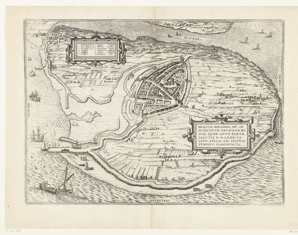 Kaart van het eiland Voorne en plattegrond van Brielle, 1572 Brillium, Holanda opp. a causa de la guerra holandesa interna, que en el año de la victoria de la Salvación 72 d.C. en el calor de abril, comenzó aquí, famoso (título sobre objeto) de Frans Hogenberg