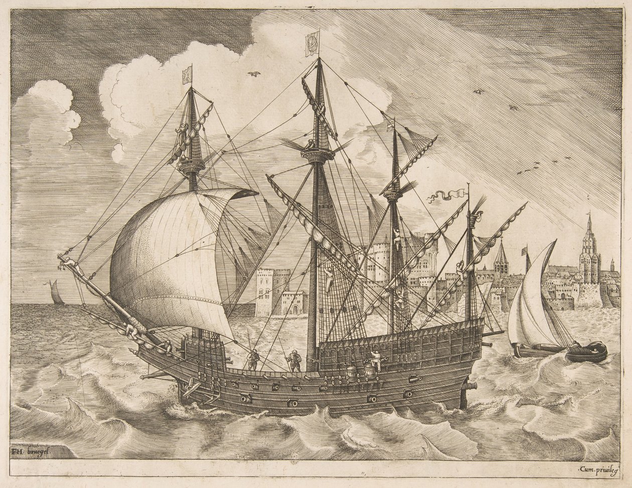 Cuatro mástiles armados saliendo al mar de Los barcos de vela, ca. 1555-56 de Frans Huys