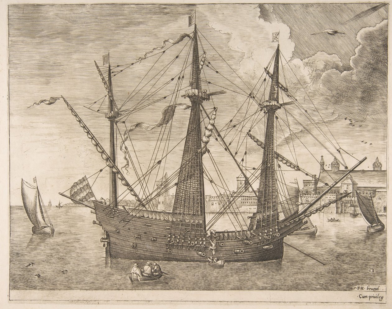 Barco armado de tres mástiles anclado cerca de una ciudad de Los barcos de vela de Frans Huys