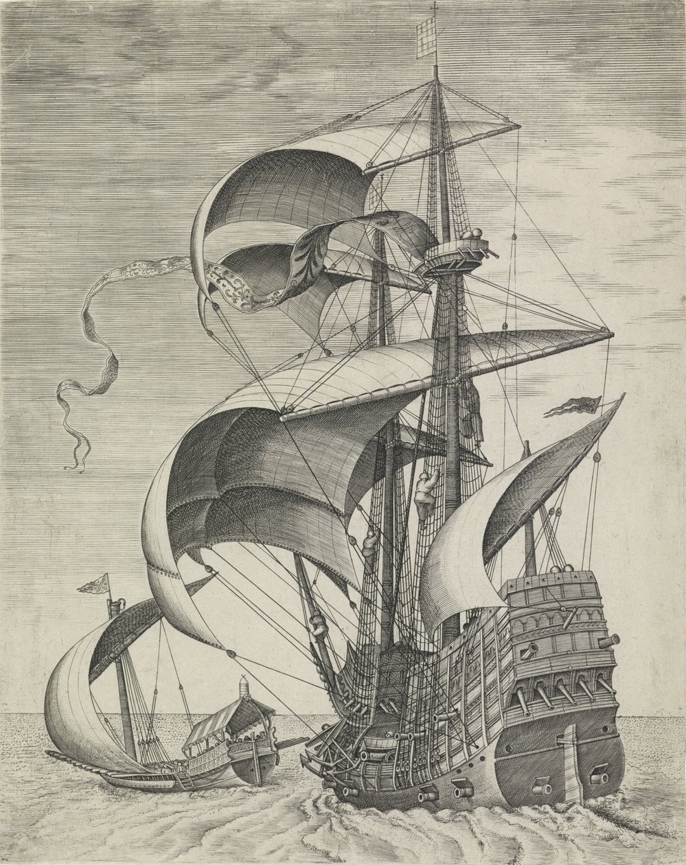 Un buque de guerra escoltado por una galera Veleros (título de la serie) de Frans Huys
