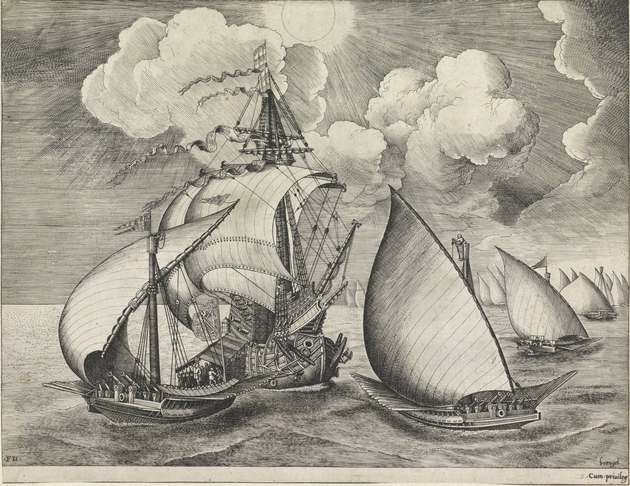 Una flota de galeras armadas acompañadas por un buque de guerra. Veleros (título de la serie) de Frans Huys