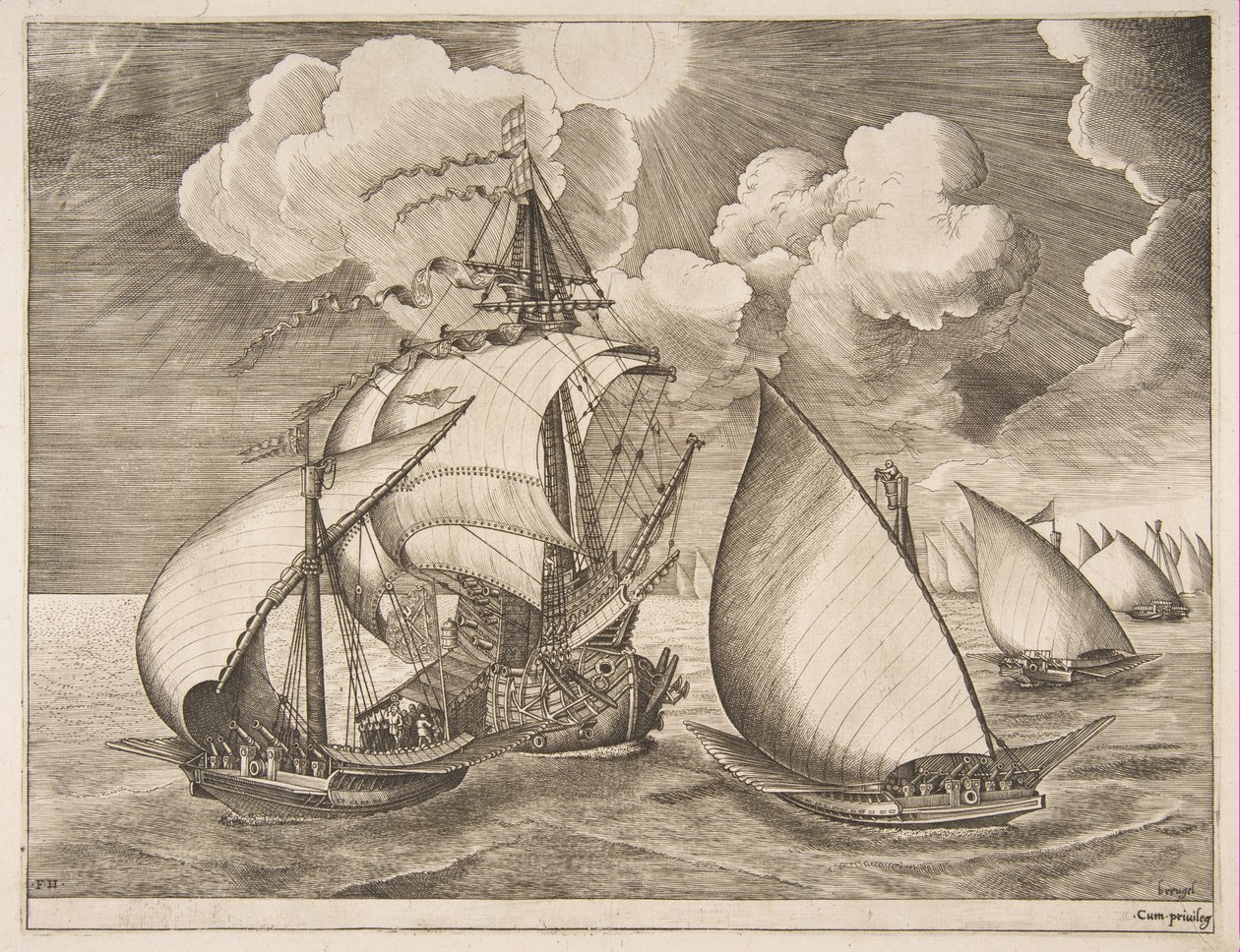 Flota de galeras escoltada por una carabela de The Sailing Vessels, 1561-65 de Frans Huys