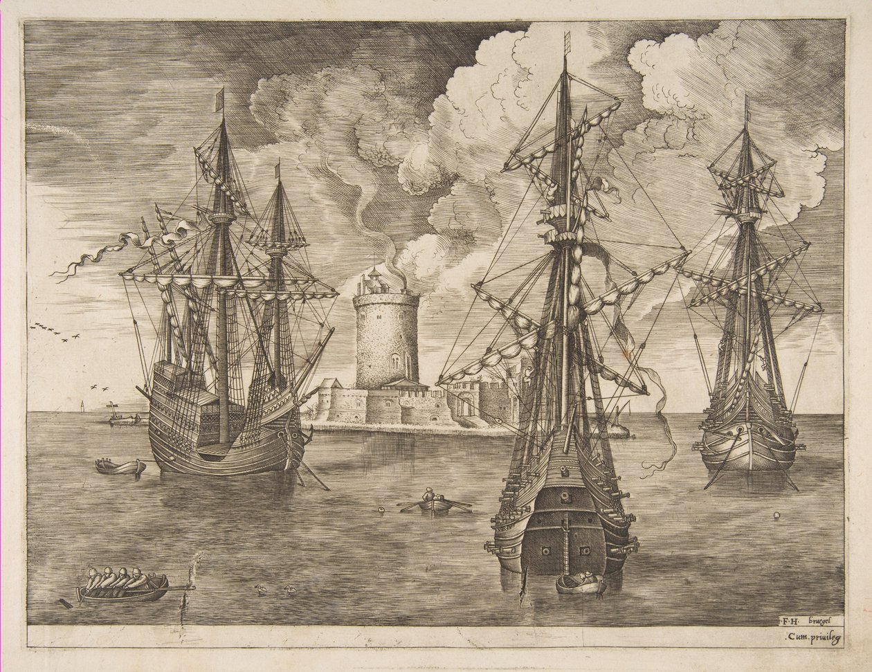 Cuatro mástiles a la izquierda y dos tres mástiles anclados cerca de una isla fortificada con un faro, 1561-65 de Frans Huys