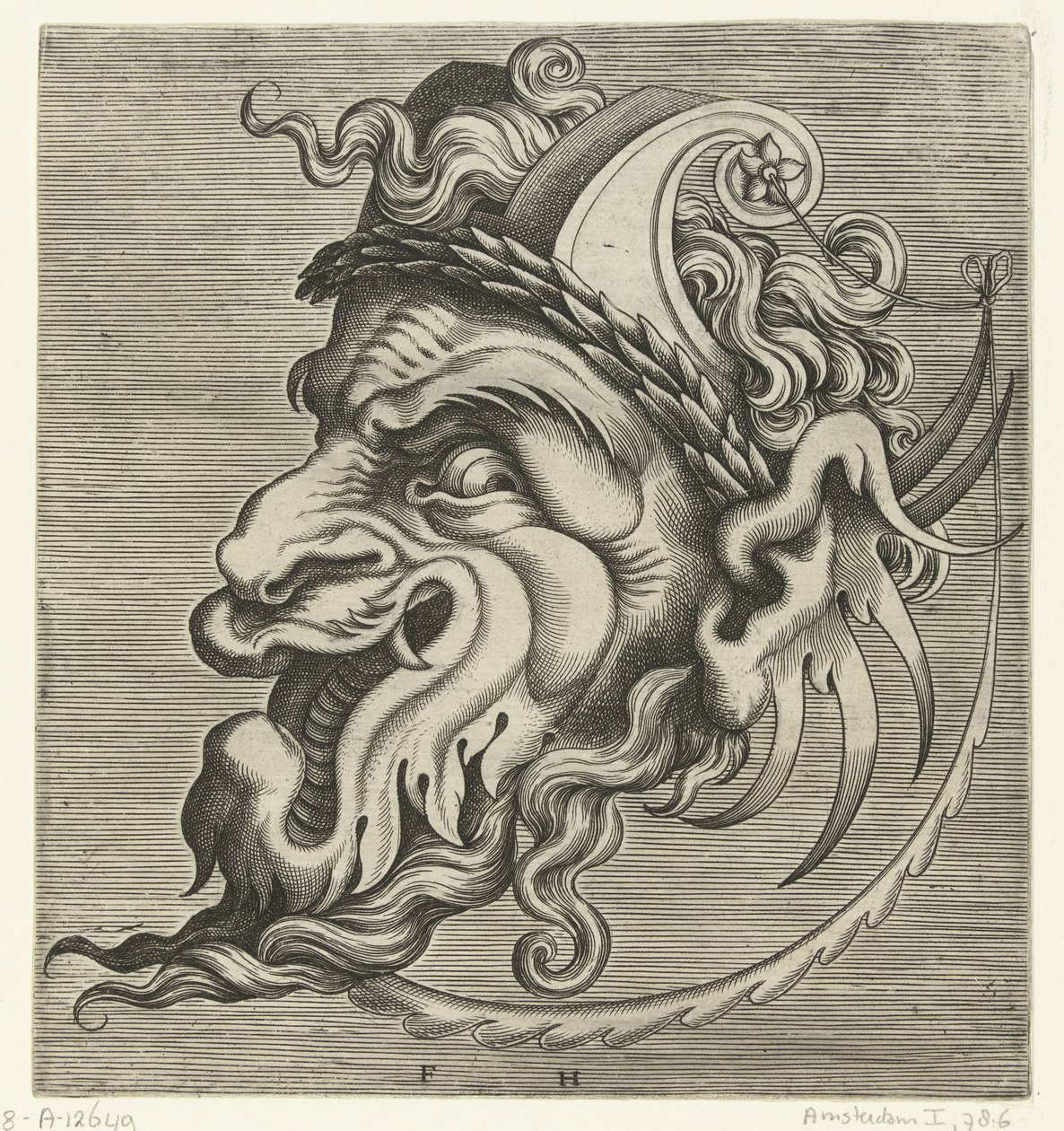 Máscara de perfil con dos cuernos de volutas y una corona de laurel Pourtraicture ingenieuse de plusieurs facons de masques… (título de la serie) de Frans Huys