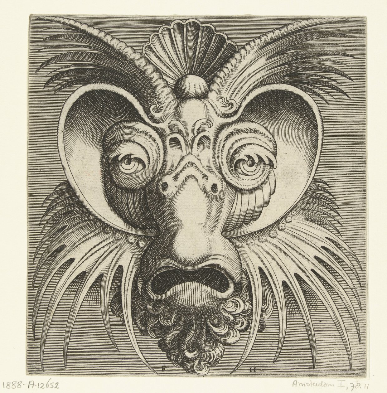 Máscara con platillos alrededor de los ojos y crestas puntiagudas en las mejillas y la frente. Pourtraicture ingenieuse de plusieurs facons de masques… (título de la serie) de Frans Huys