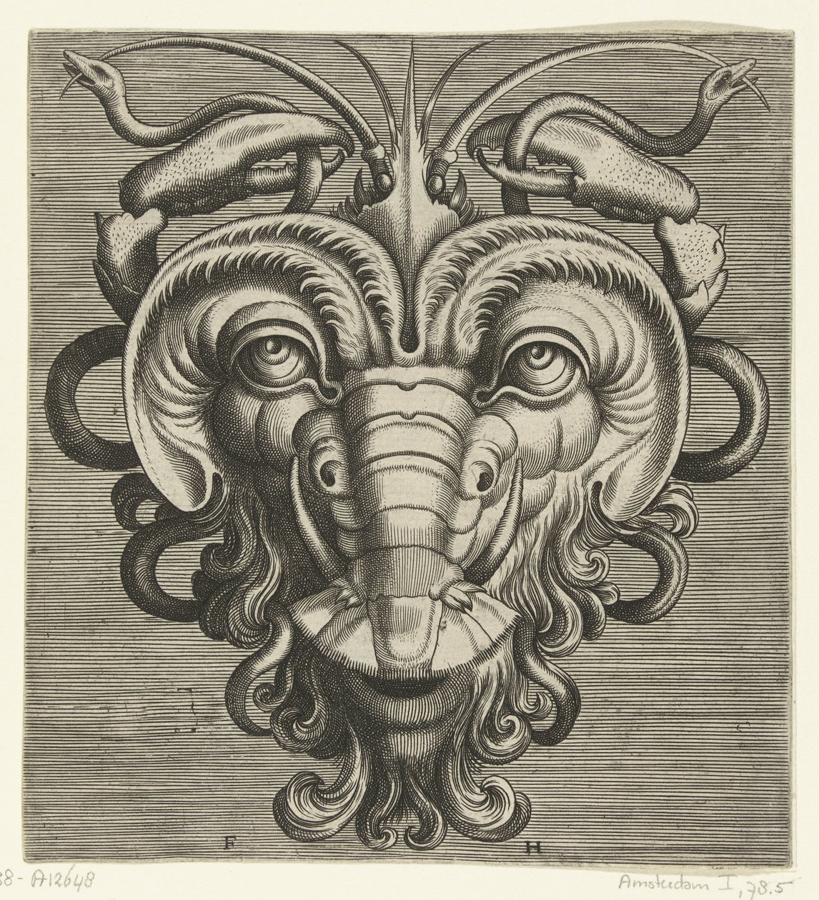Máscara con dos pinzas de langosta sujetando serpientes Pourtraicture ingenieuse de plusieurs facons de masques… (título de la serie) de Frans Huys