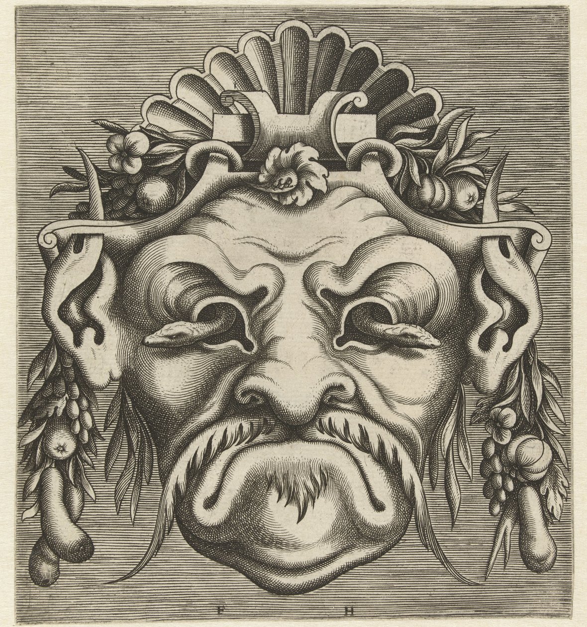 Máscara con dos serpientes asomadas por las cuencas de los ojos Pourtraicture ingenieuse de plusieurs facons de masques… (título de la serie) de Frans Huys