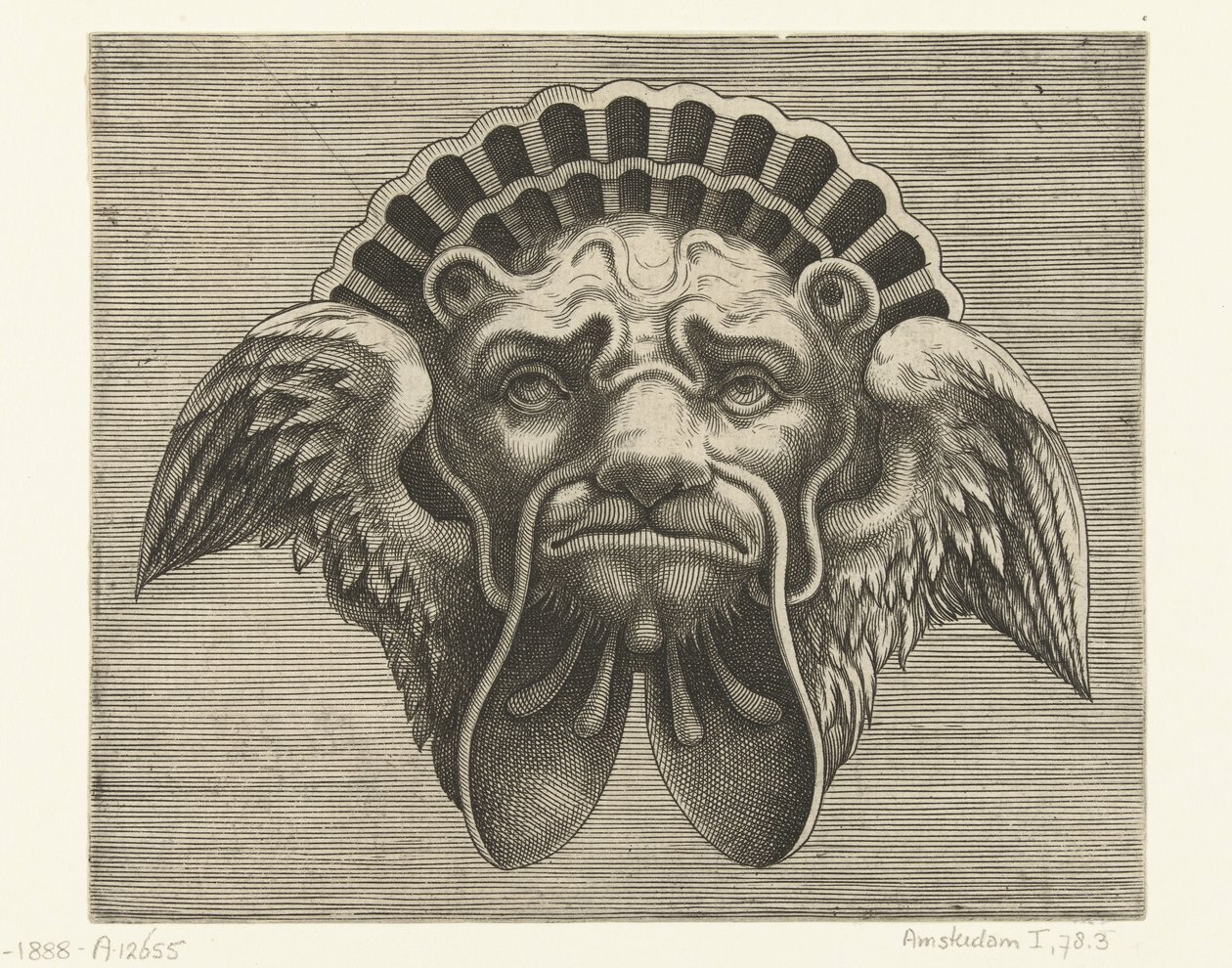 Máscara con alas en lugar de orejas y tocado en forma de concha Pourtraicture ingenieuse de plusieurs facons de masques… (título de la serie) de Frans Huys
