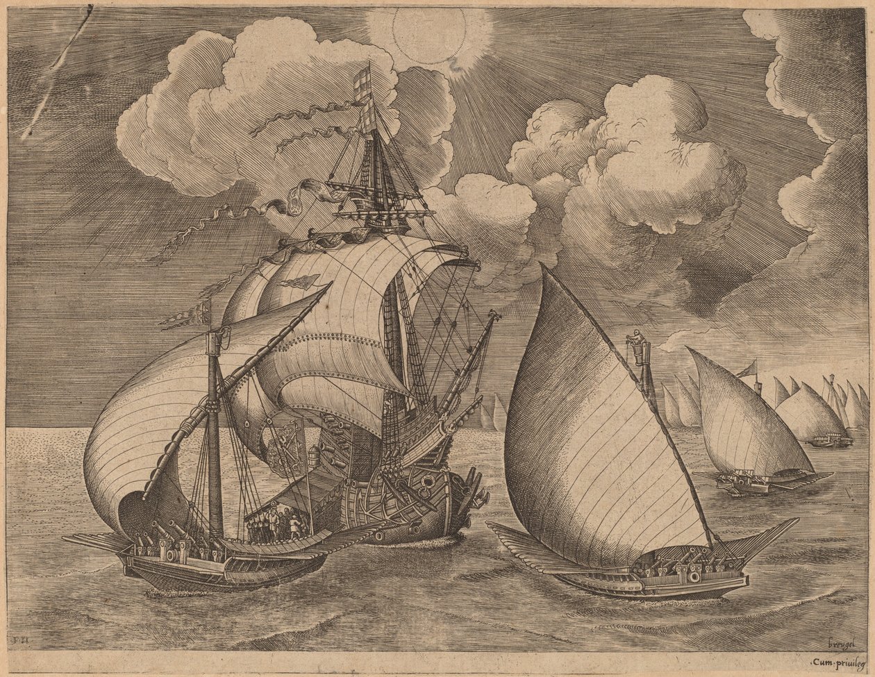 Una flota de galeras escoltada por una carabela de Frans Huys after Pieter Bruegel the Elder
