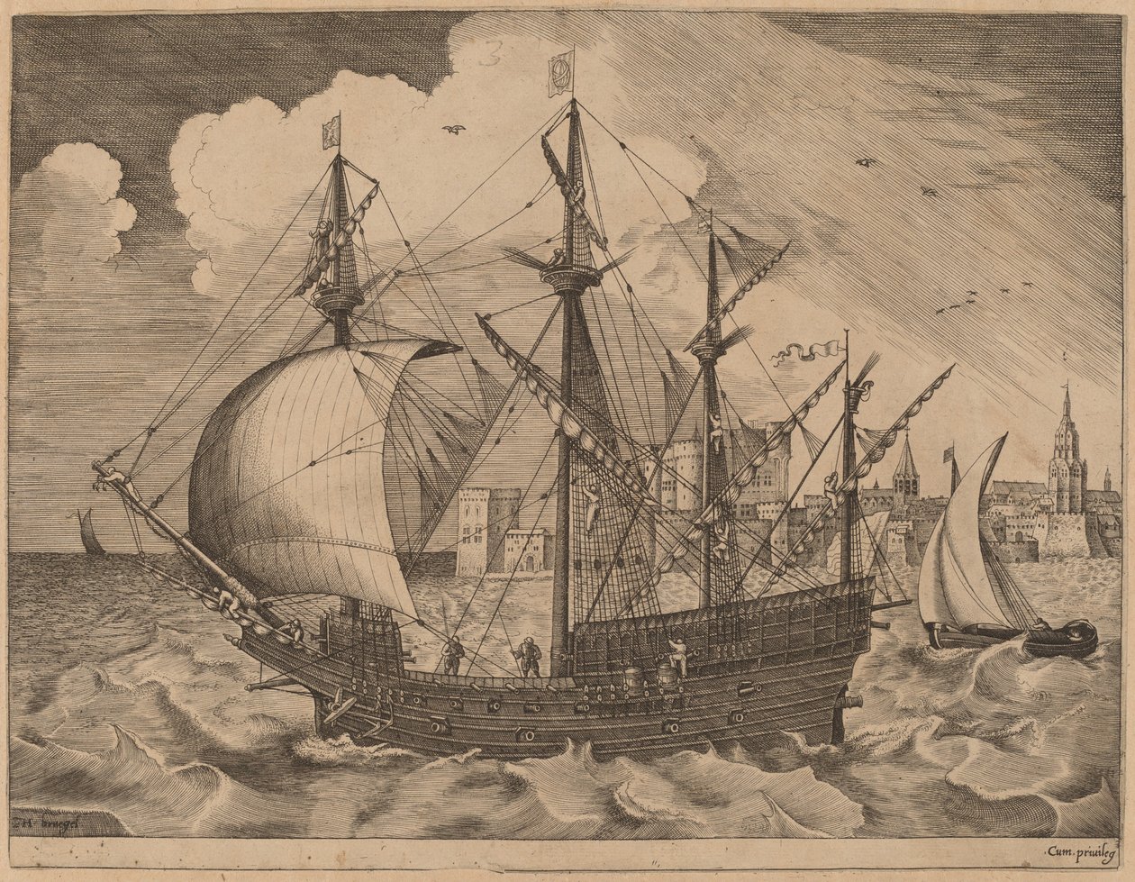 Cuatro mástiles armados saliendo al mar de Frans Huys after Pieter Bruegel the Elder