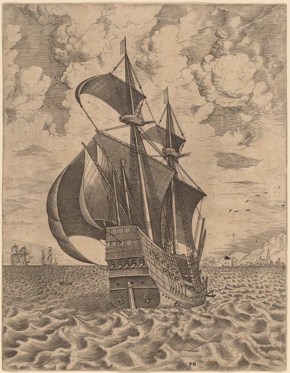 Cuatro mástiles armados navegando hacia un puerto de Frans Huys after Pieter Bruegel the Elder