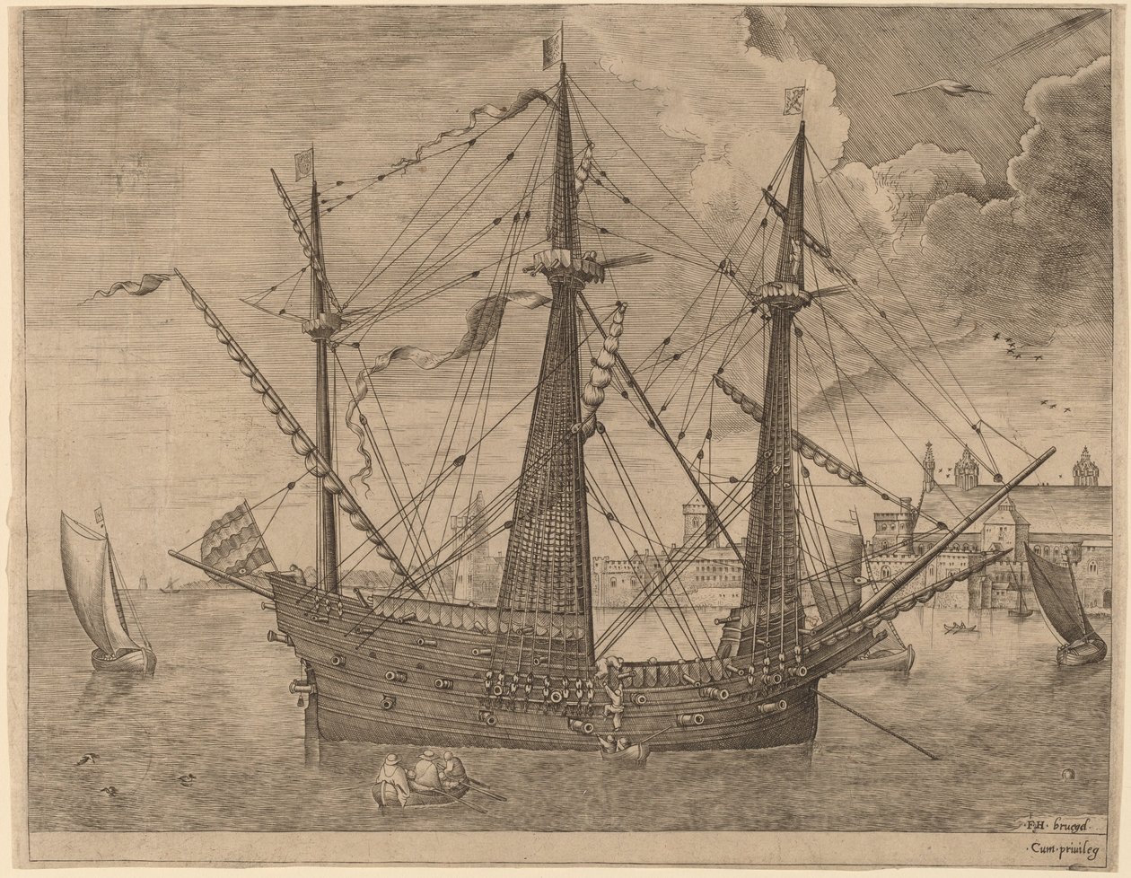 Tres mástiles armados anclados cerca de una ciudad de Frans Huys after Pieter Bruegel the Elder