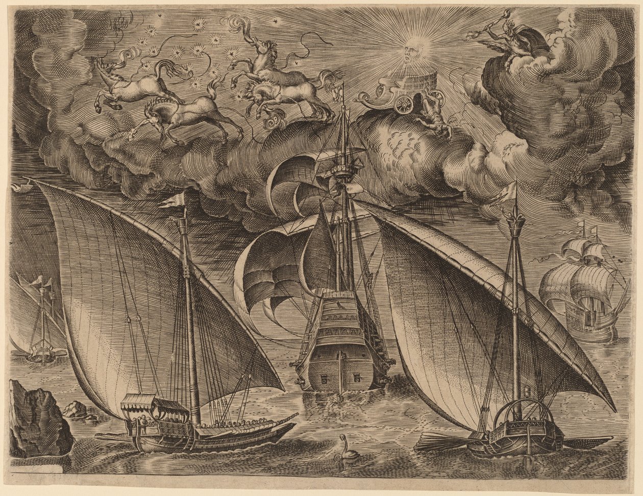 Dos galeras detrás de un tres-mástil armado con Faetón y Júpiter en el cielo de Frans Huys after Pieter Bruegel the Elder