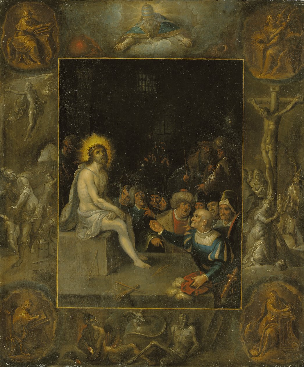 La Burla de Cristo, en un entorno grisaille que representa a Dios Padre, los Evangelistas, La Crucifixión, La Resurrección y El Diablo y la Muerte con la Serpiente Coronada de Frans II the Younger Francken